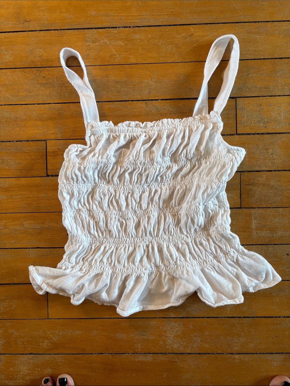 EUC White Smocked Cropped Tank Top with Ruffle Hem